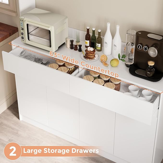 71" Kitchen Pantry Cabinet, Kitchen Hutch with Microwave Stand, Buffet Cabinet with Large Storage Drawers for Dining Room (White)