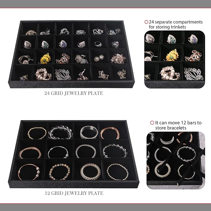 Julysky 4 Pcs/set Stackable Jewelry Organizer Trays with Glass Lid,100 Slots Ring Holder,Bracelet Displays Stand for Selling Necklace Earring Rack