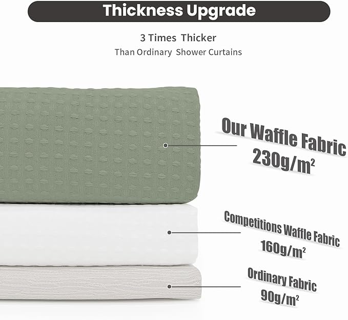 Inhousolu No Hook Waffle Weave Shower Curtain with Removable Snap in Fabric Liner Set for Bathroom, 230 GSM Heavy Duty Weighted Hem, Water Repellent Washable Bath Curtains, 72 x 78 Inch, Sage Green
