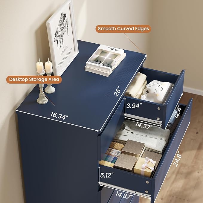 DICTAC Tall Dresser for Bedroom with 7 Drawers, 51.8" Tall Blue Dressers & Chests of Drawers, Modern Wood Closet Organizer and Storage Cabinet, Large Vertical Dresser for Bedroom, Closet, Hallway
