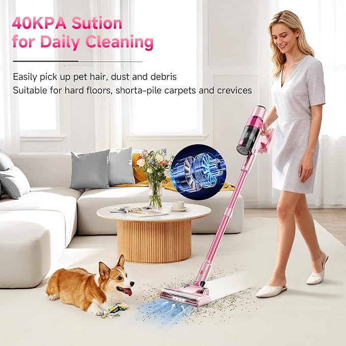 Clinkal Cordless Vacuum Cleaner: 40KPA Powerful Suction Cordless Stick Vacuum Cleaners for Home, Anti-Tangle Brush, Lightweight, 6-in-1 Rechargeable Vacuum for Pet Hair/Carpet/Hard Floor(Purple)