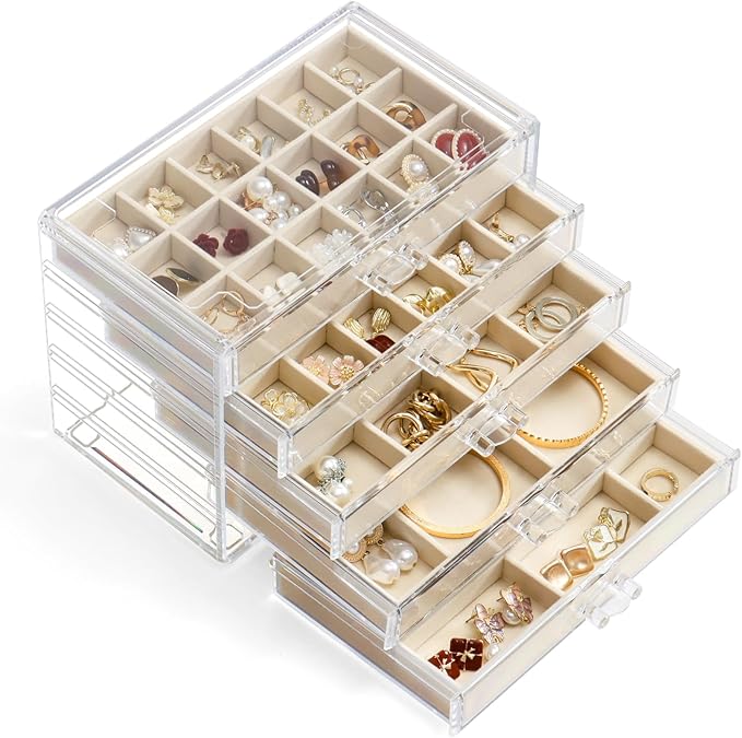 Jewelry Organizer with 5 Drawers Clear Acrylic Earring Display Case Velvet Jewelry Storage Box Display Holder for Earring Ring Bracelet Necklace (Beige, 60 Grids)