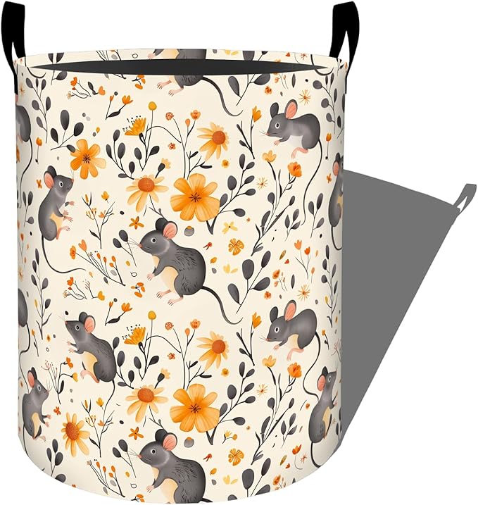 Playful Mouse and Yellow Flowers Laundry Basket with Handles, 19.7"x15.7" Clothes Foldable Laundry Hamper Organizer for Dorm Nursery Bedroom Bathroom Decor, Toy Storage Bin for Kids