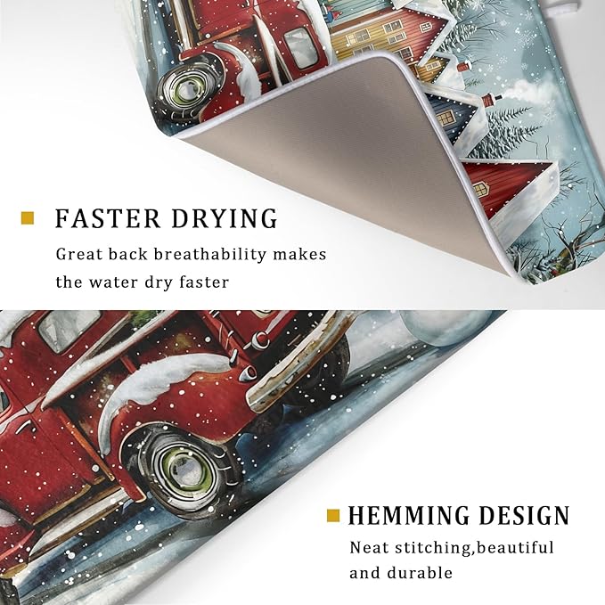 Christmas Dish Drying Mat for Kitchen Counter 24x18 Inch Xmas Red Truck Drying Mat with Absorbent Reversible Microfiber House Snowman Winter Dish Drainer Mats Rack Pad for Coffee Countertop Protector