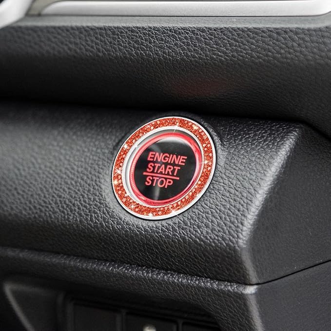 ToBeQueen Bling Car Crystal Rhinestone Ring Emblem Sticker, Car Interior Decoration, Bling Car Accessories for Women, Push to Start Button, Key Ignition Starter & Knob Ring (Orange)