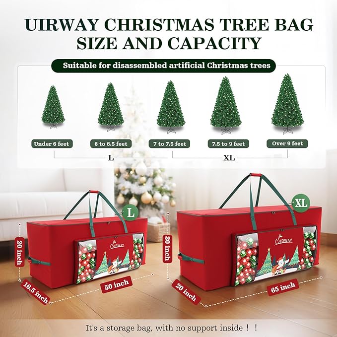 UIRWAY Christmas Tree Storage Bag- Fit for 7.5ft Artificial Trees, 600D Oxford Christmas Tree Bag with Transparent Pouch & Side Pocket, Extra Large Tree Bags with Sturdy Handles & Dual Zipper, Red