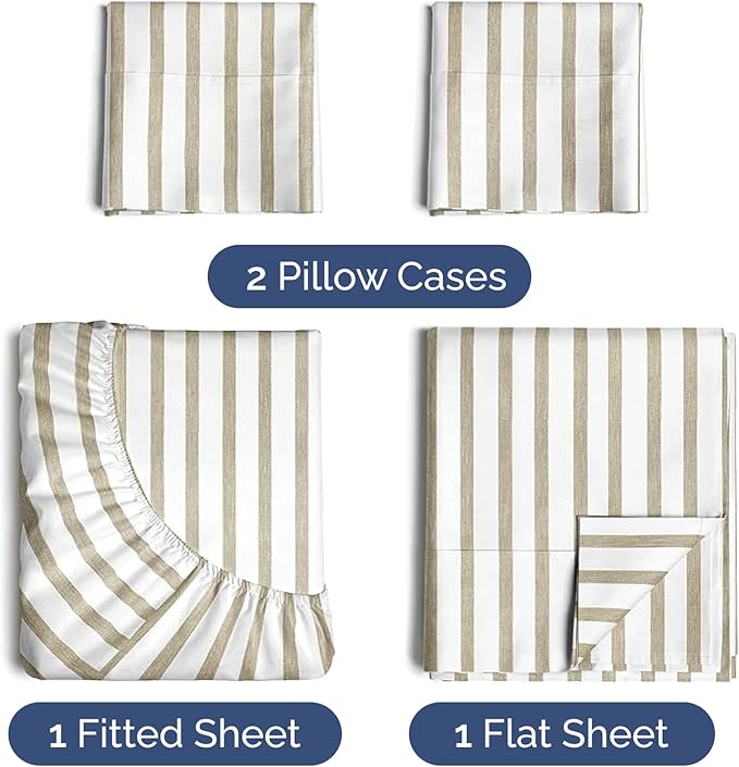 Twin 4 Piece Sheet Set - Comfy Breathable & Cooling - Soft Hotel Luxury Bedding Set with 8-16 Inch Deep Pockets - 1 Flat & 1 Fitted Sheet & 2 Pillowcases - Wrinkle Free & Easy Care - Beige Stripes 2