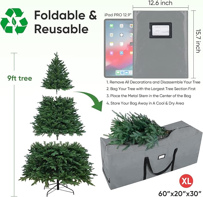 BALEINE 9 ft Christmas Tree Storage Bag, Heavy Duty Extra Large Artificial Christmas Tree Bag with Reinforced Handles and Dual Zippers Wide Opening (Gray, 9 ft)