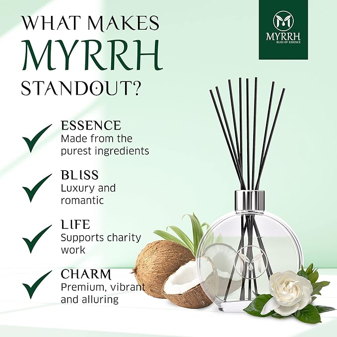 Gardenia Blossom Scented Reed Diffuser Set with 8 Rattan Diffuser Sticks, 150 ml, All Natural Air Freshener, Long-Lasting Diffusers at Home - MyrrhUSA
