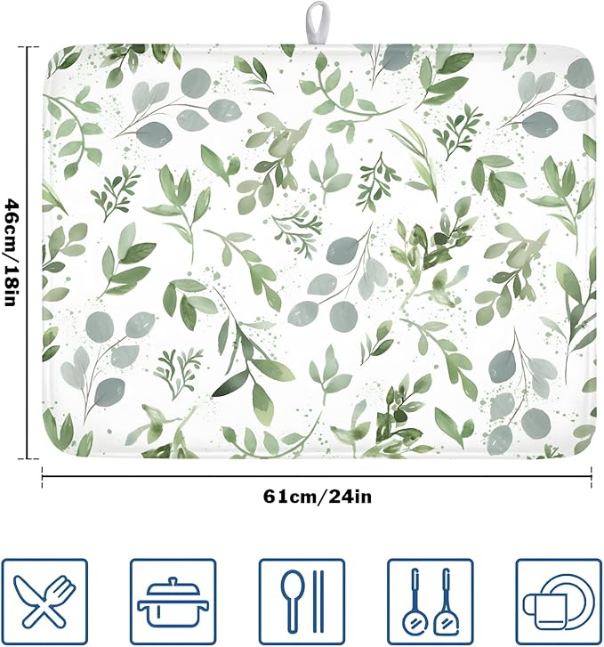 ABSOP Spring Summer Sage Green Leaves Dish Drying Mat 18 x 24 Inch Spring Eucalyptus Leaf Dish Drainer Rack Mat Absorbent Microfiber for Holiday Kitchen Coffee Dining Bar Decor