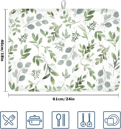 ABSOP Spring Summer Sage Green Leaves Dish Drying Mat 18 x 24 Inch Spring Eucalyptus Leaf Dish Drainer Rack Mat Absorbent Microfiber for Holiday Kitchen Coffee Dining Bar Decor