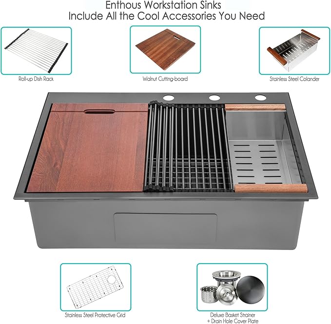36” x 22 “ Workstation Topmount/Drop-in Nano Black Stainless Steel Sink, 16-Gauge Single Bowl with 15mm Radius, Includes Bottom Grid, Dish Rack, Colander, Strainer & Cutting Board