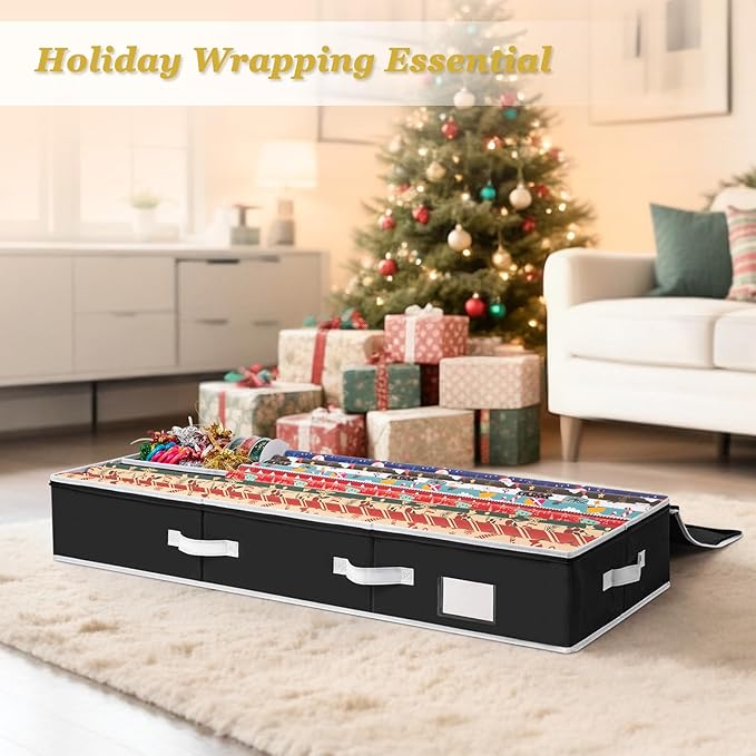 Criusia Gift Wrapping Paper Organizer Storage, Durable Underbed Storage Container Fits 24 Rolls, with Removable Dividers and Pockets for Ribbon, Ornaments, Holiday Accessories, Black