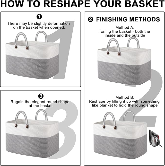 OIAHOMY 95L Large Blanket Basket, 24”x16”x15” Rectangle Woven Baskets For Storage, Nursery Blanket Storage Living Room, Toy Box With Long Handle-Gradient Grey With White