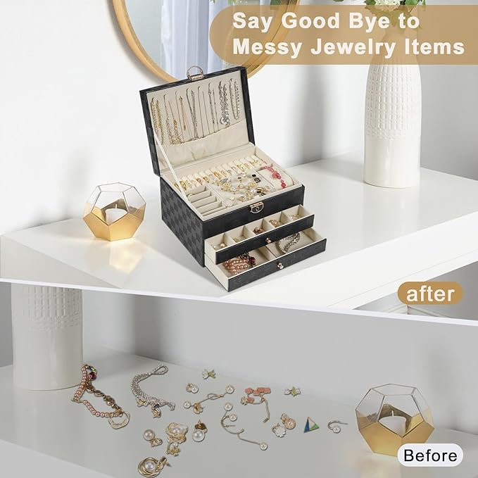 GUOER Jewelry Box for Women Girl Wife - Large PU Leather Jewelry Organizer Storage Case with 3 Layers Display for Earrings Bracelets Rings Watches (Checkered Black)