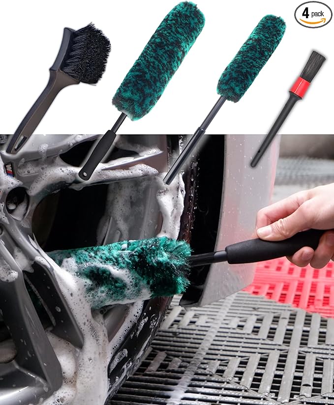 oesee Professional 4 Pack Long Handle Wheel Brush Kit for Cleaning Wheel and Tire- 2X Soft Wheel Cleaning Brush, Detailing Brush and Stiff Tire Brush, Bendable& Durable Wheel Rim Cleaner Brush Set