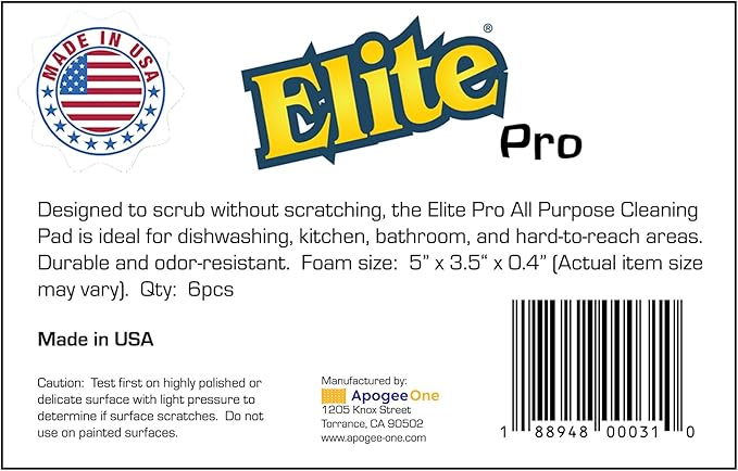 Elite PRO All Purpose Cleaning Pad, 6 Pack, Non Scratch, Dish Sponge, Scrubber, Made in USA. Large Thin Sponge for Kitchen and Household Use. Flexible to Clean Corners and Tight Spaces.