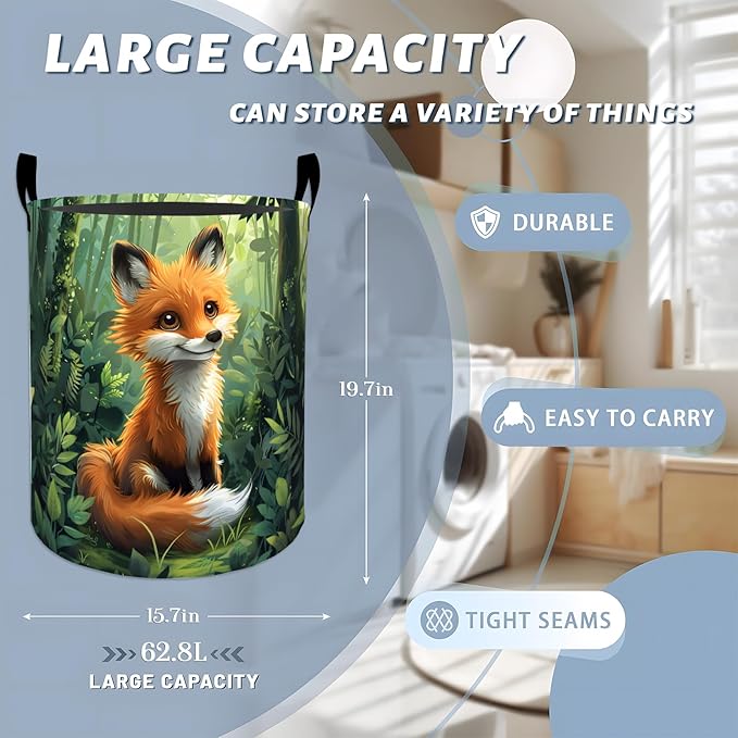 Playful Fox Sitting in Green Forest Laundry Basket with Handles, 19.7"x15.7" Clothes Foldable Cute Animal Laundry Hamper Organizer for Dorm Nursery Bedroom Bathroom Decor, Toy Storage Bin for Kids