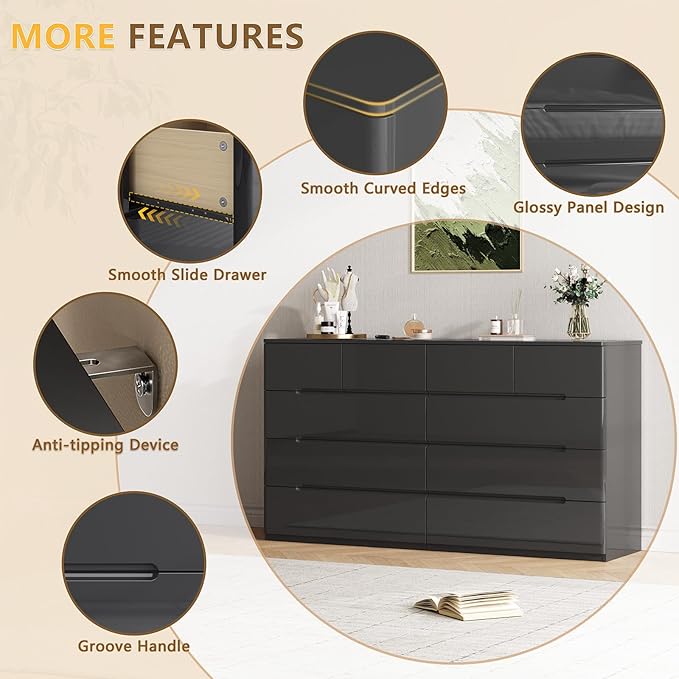 10 Drawer Black Dresser for Bedroom, 55" Long Dresser Chest of Drawers,Large High Gloss Modern Storage Cabinet with Big Drawers Handle Free,Living Room, Entryway, Hallway