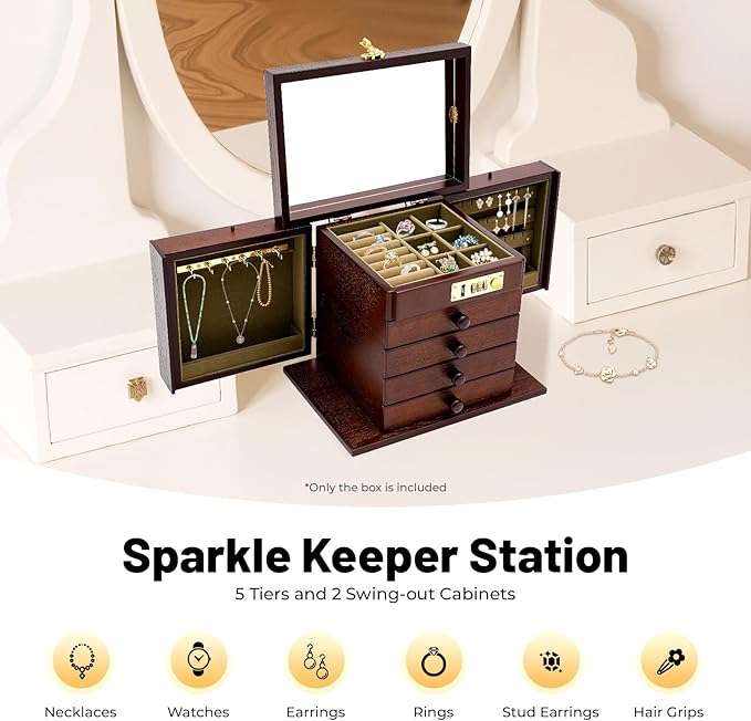Jewelry Box with Password Lock and Mirror, 5-Layer Large Organizer Box with Mirror and 4 Drawers, Soft Velvet Lining, for Rings Earrings Necklaces Wooden Storage Box with Exquisite Carvings