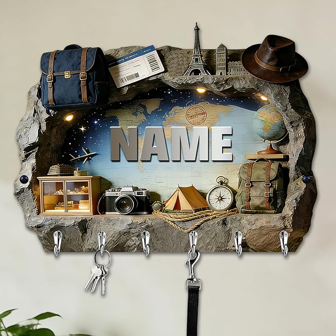 Personalized 2D Flat Print World Travel Themed Mounted Hooks for Men Women Family Friends Lovers Custom Name World Map Key Storage Holder Travel Coat Rack Home Decor Gift for Living Room Hallway