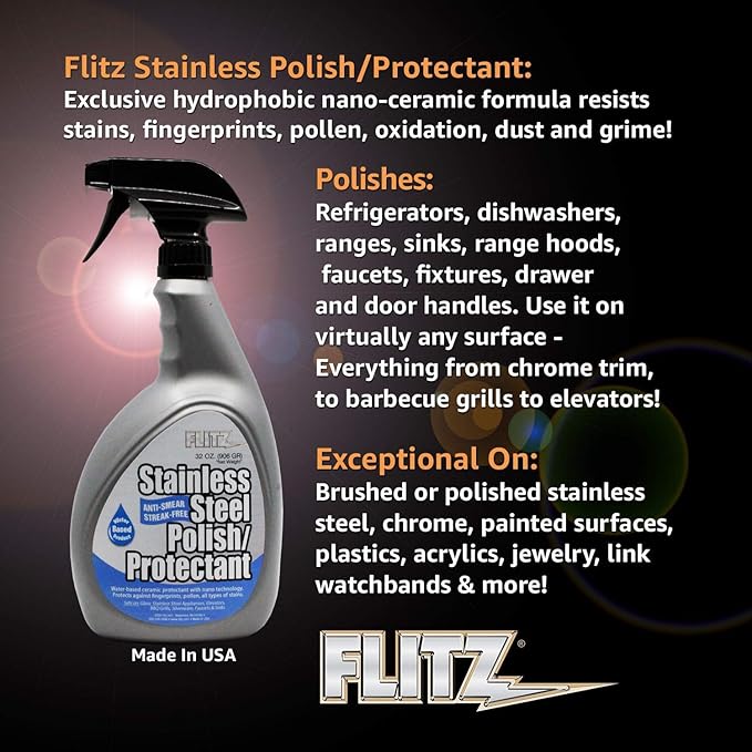 Flitz Stainless Steel Polish Protectant - 32oz Bottle, USA-Made Ceramic Coating for Stainless Steel Appliances, Repels Fingerprints & Water Spots - Aluminum & Chrome Polish & Protectant (1 Pack)