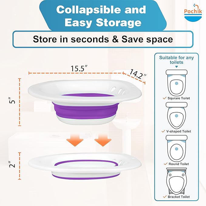 Pochik Sitz Bath for Toilet Seat Hemorrhoids and Postpartum Care, Yoni Steam Seat, Perineal Soaking, Collapsible, Flusher Hose, Drain Holes, Wider Seating Area - Purple