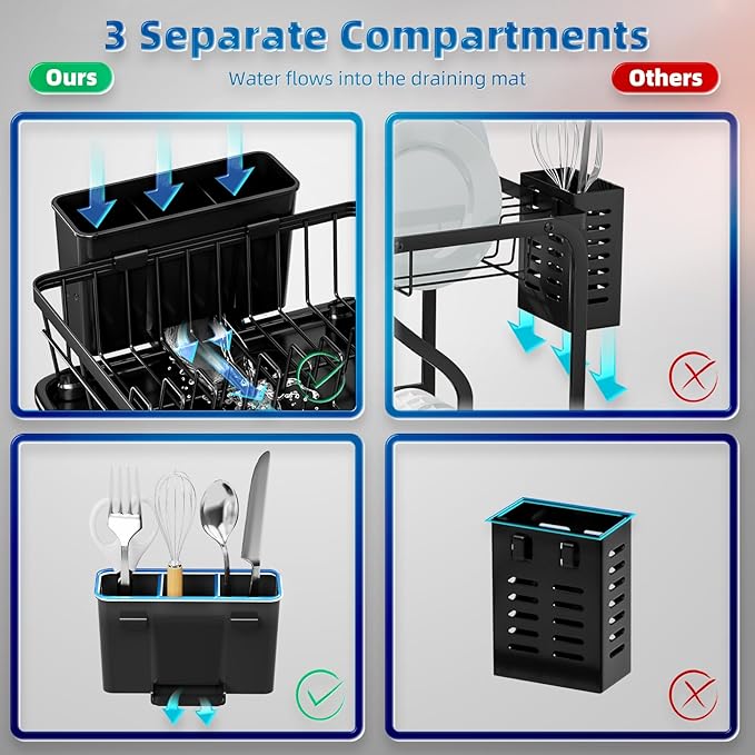 GAOKASE 2 Tiers Dish Drying Rack, Space-Saving Dish Racks for Kitchen Counter, Dish Drainer Drying Rack with Drainboard, Utensil Holder Cups Holder Plate Rack and Automatic Drainage Drainboard, Black