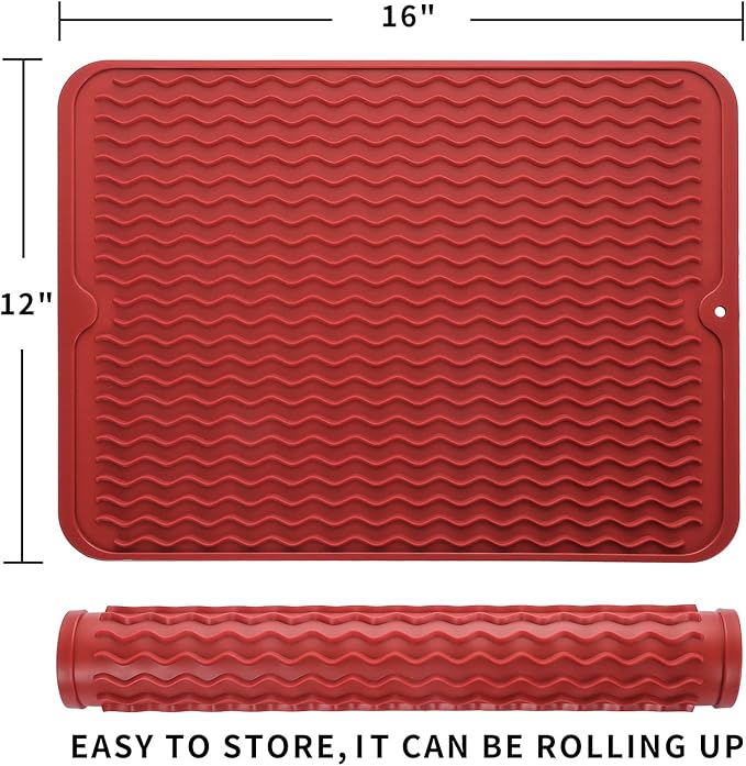 MicoYang Silicone Dish Drying Mat for Multiple Usage,Easy clean,Eco-friendly,Heat-resistant Silicone Mat for Kitchen Counter or Sink,Refrigerator or drawer liner Red L 16 inches x 12 inches