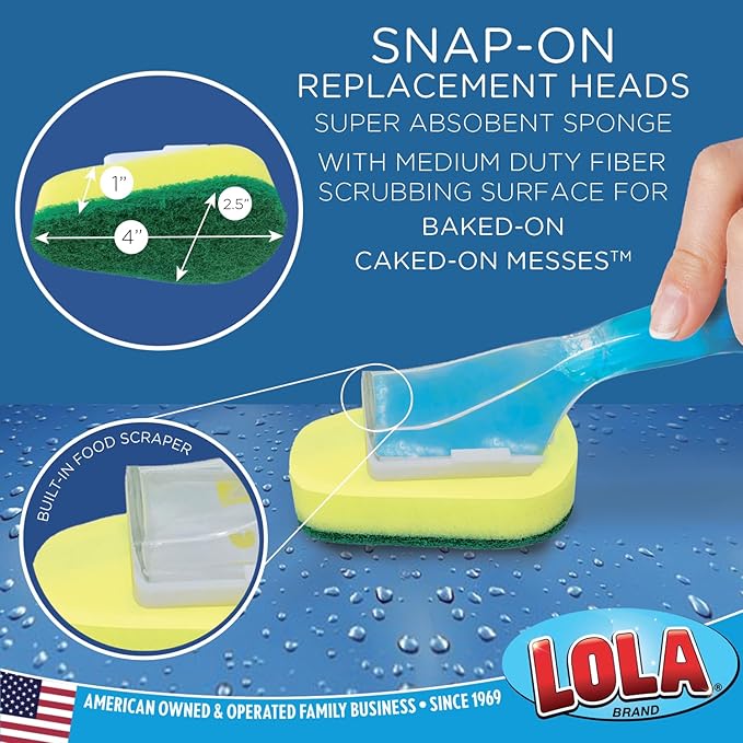 LOLA Dish Brush w/Soap Dispenser Wand, 1 Brush w/Head & 6 Refills, Absorbent Sponge Scrubber, No Leaking. Clean Dishes, Sinks and Cookware