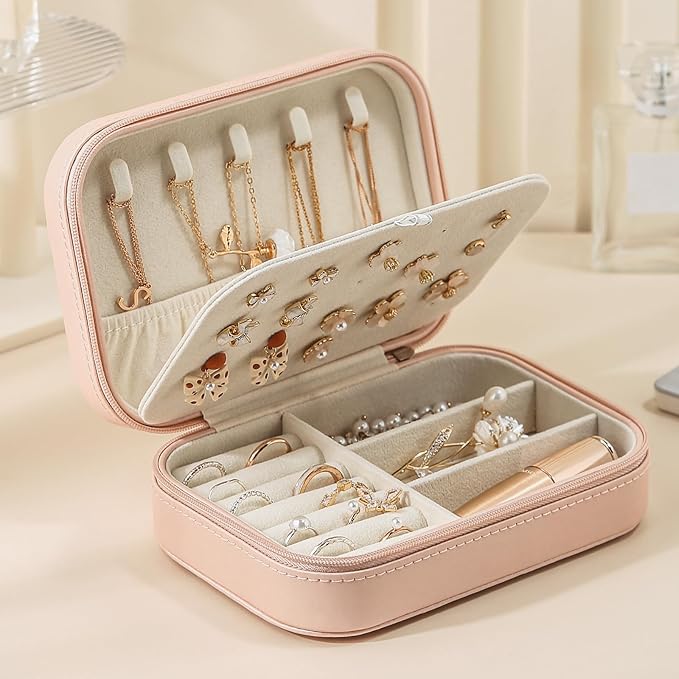 CASEGRACE Travel Jewelry Case, Double Layer Travel Jewelry Organizer for Necklace Earring Rings Jewelry Display Case for Women, Pink