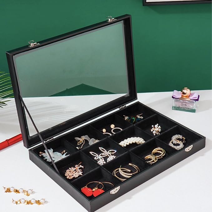 Lainrrew 12-Grid Velvet Lined Jewelry Organizer Box, Lockable & Transparent Lid, Compact Earring & Ring Holder, Durable Necklace Storage, 13.8"x9.5"x1.9", Elegant Gift-Ready Case(12 Grids)