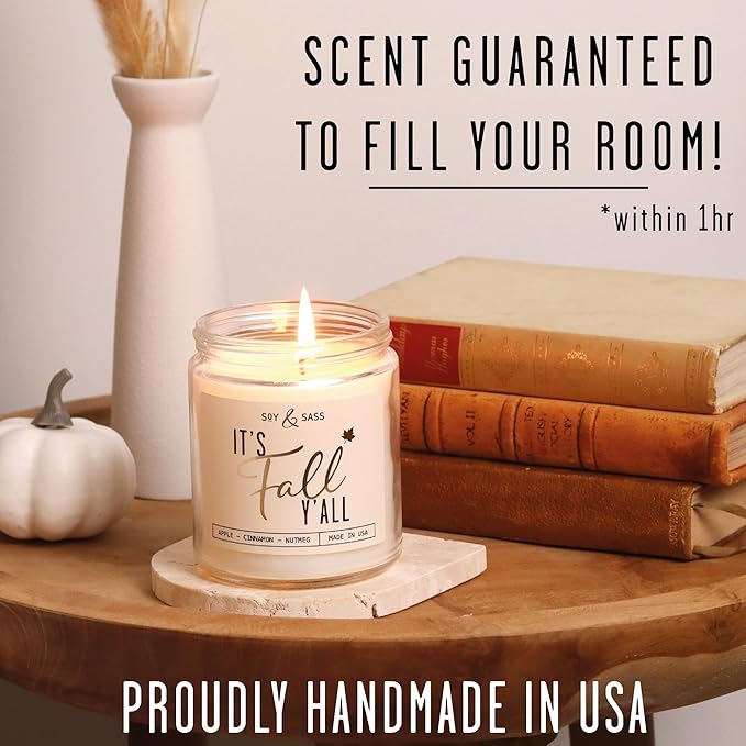 Fall Candles - 'It's Fall Yall' Candle w/Apple Cinnamon & Nutmeg I Infused with Essential Oils I Autumn Scented Candles I Cozy Cute Décor Gifts I 9oz Jar I 50Hr Burn I Made in USA