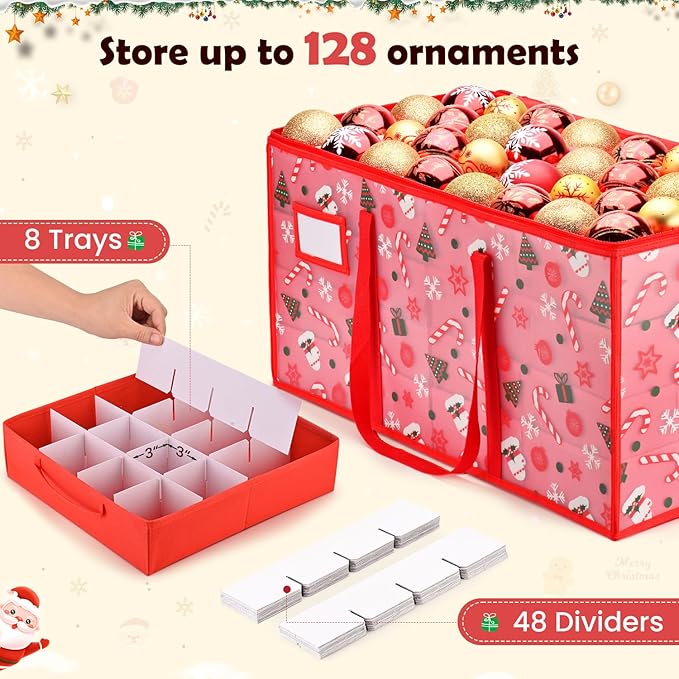 Plastic Christmas Ornament Storage Box with Adjustable Dividers, Waterproof Christmas Storage Containers Keep 128 Capacity, Dual Zippers, Ornament Organizer to Store Holiday Decor-Gloves