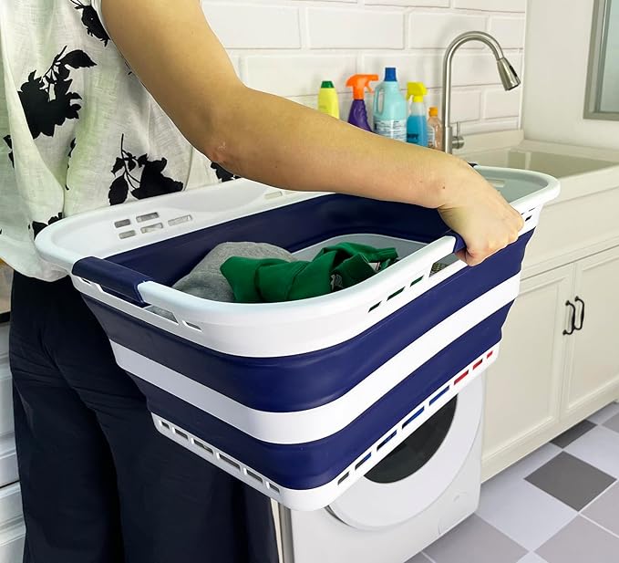 SAMMART 42L (11 Gallon) Collapsible Plastic Storage Basket - Foldable Pop Up Storage Container/Hamper - Portable Laundry Organizer - Space Saving (White/Starry Blue, 42L (Style A))