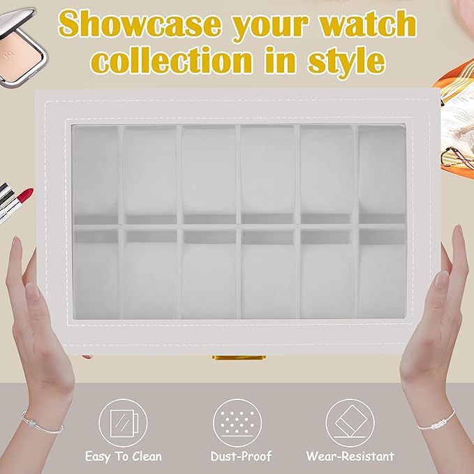 Ogrmar 12 Slot PU Leather Lockable Watch Storage Boxes, Men & Women Jewelry Display Drawer Case, 2-tier Organizer Watch Showcase with Glass Lid (White)