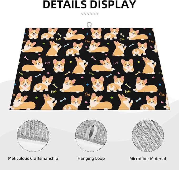 Cute Corgi Dish Drying Mat 18 x 24 Inch for Kitchen Counter Cute Kitchen Mat Microfiber Kitchen Countertop Absorbent Reversible Drainer Rack Pad Dog Dish Drying Mat