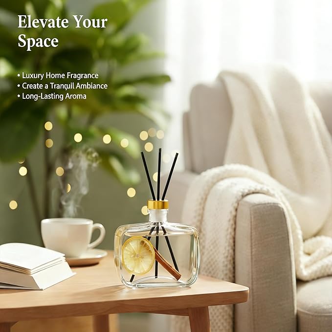 Reed Diffuser, Lavender Scented No Flame Air Freshener for Home, 100ml Long-Lasting Essential Oil Diffuser with Natural Reed Sticks Lemon, Safe for Bedroom, Office, Bathroom