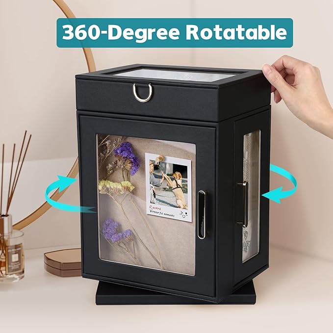 Kendal 360° Rotating Jewelry Box - Black PU Leather Jewelry Organizer with Shadow Box & Pinboard, Detachable Top Tray, Drawers & Push Pins for Personalized Accessory Display & Storage