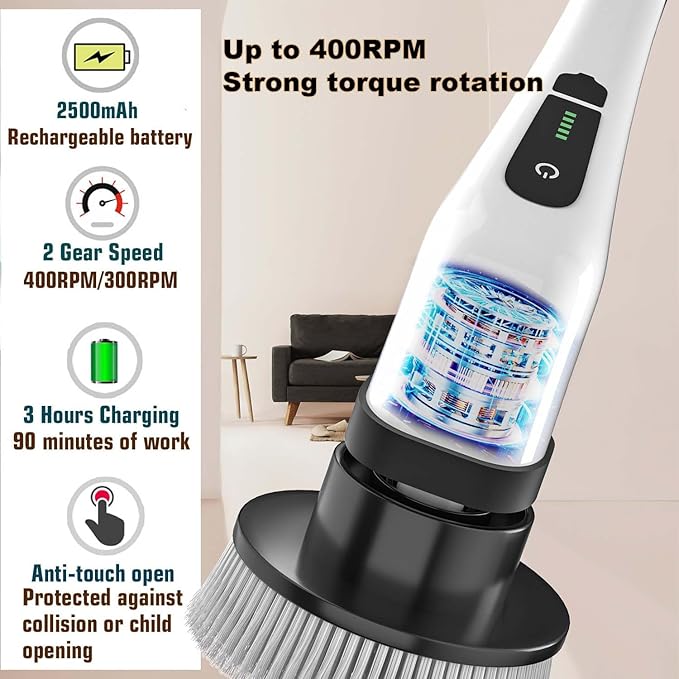 MGLSDeet Electric Spin Scrubber Scrub Brush, Rechargeable Cleaning Brush with 8 in 1 Replaceable Brush Heads, Cordless Power Spin Scrubber 90Mins for Bathroom Shower Bathtub Glass Car