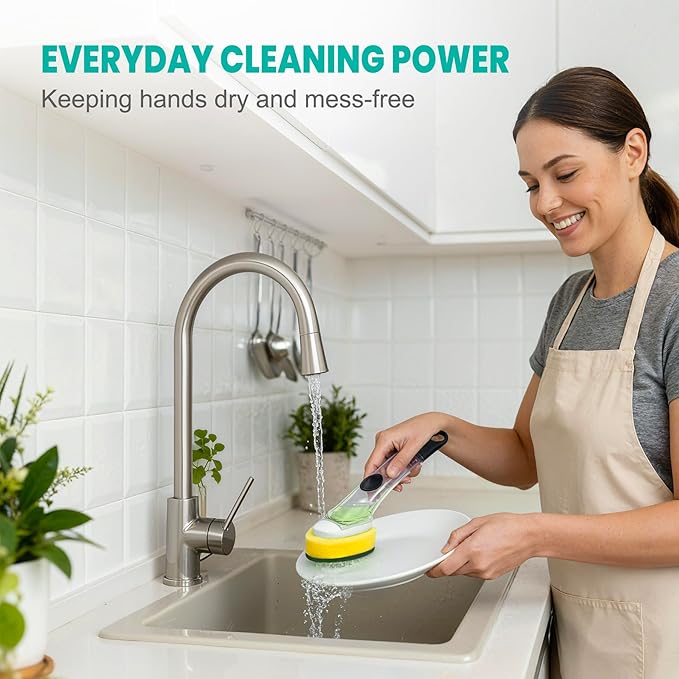 HELIME Dishwand Refills, Non-Scratch Replacement Sponge Heads for Dish Wand, Leak-Proof Handle with Heavy-Duty Scrubbers, Universal Compatible Soap Dispensing Brush for Kitchen, Bathroom Cleaning