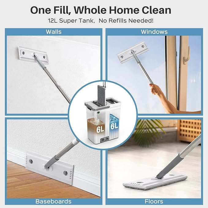 Mop and Bucket Set with AUTO Pump, 3-Zone Separate Dirty and Clean Water Floor Mop, Flat Mop and Bucket System with Wheels and Wringer, 3 Reusable Pads, One-Touch Water Filling for Floor Cleaning