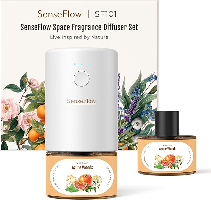SF101 Pro Plug In Air Freshener, Waterless Essential Oil Diffuser, Non-Toxic Aroma Diffuser, Adjustable 120-Day Natural Scent Mist, Covers 1000 Sq Ft- Free 30ml Azure Woods