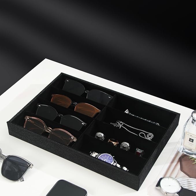 Julysky Sunglass Organizer Tray,8 Grids Watch Holder Display Jewelry Tray for Drawer, Jewelry Display Organizer Tray Box for Men （Black