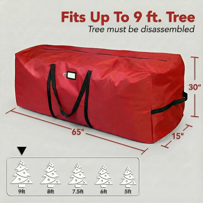 Christmas Tree Bag 9ft- Fits Heavy Duty Artificial Trees- Tear Proof 600D Oxford Fabric Waterproof Xmas Tree Storage Bag with Durable Handles & Zipper- Card Slot - Red