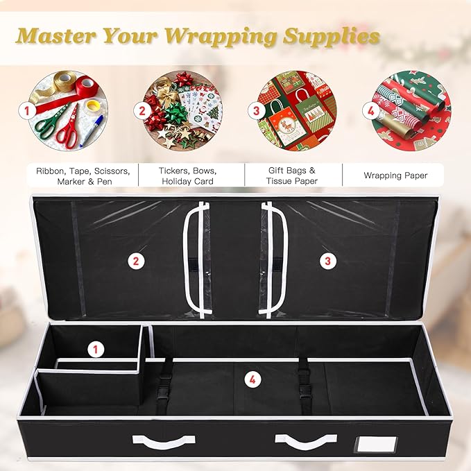 Criusia Gift Wrapping Paper Organizer Storage, Durable Underbed Storage Container Fits 24 Rolls, with Removable Dividers and Pockets for Ribbon, Ornaments, Holiday Accessories, Black
