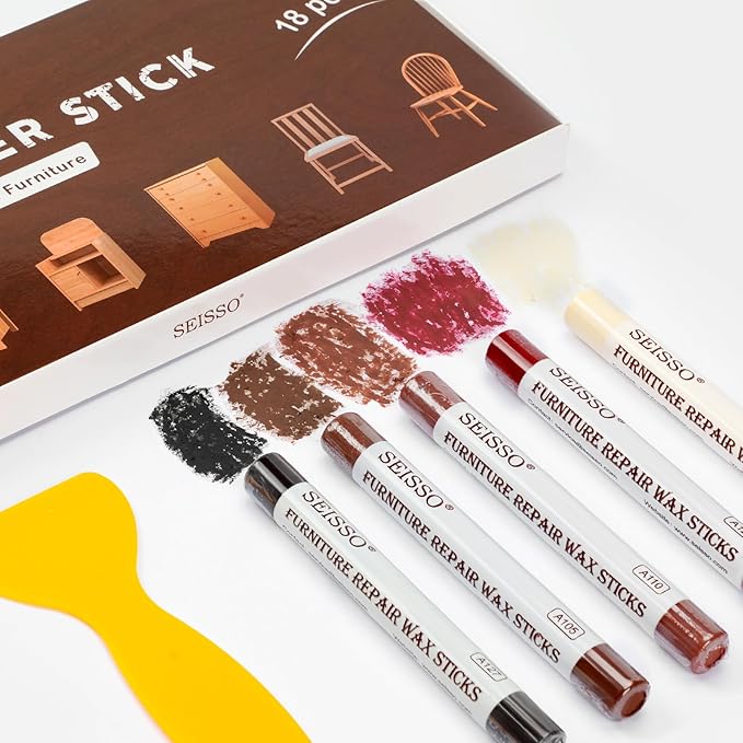 Wood Filler Sticks, 18 Colors Wood Wax Crayons, SEISSO Furniture Repair Scratch Wax Stick Pen kit for Touch Ups Scratches, Scuffs, Cracks, Nail Holes of Hardwood Floors, Cabinets, Tables, Doors