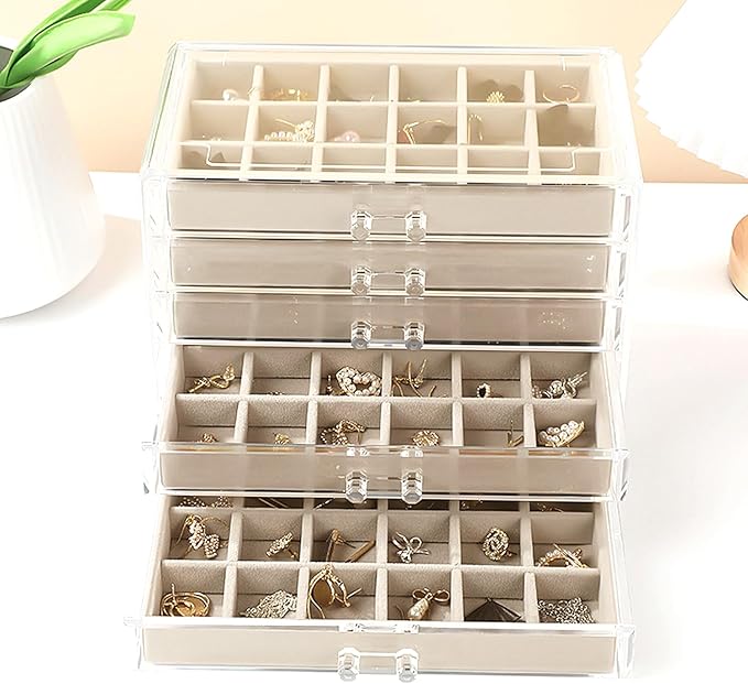 SPAKOWN Earring Organizer, Acrylic Jewelry Box with 5 Drawers, Clear Velvet Earring Storage Display Case with 90 Compartments for Women Girls (Beige)