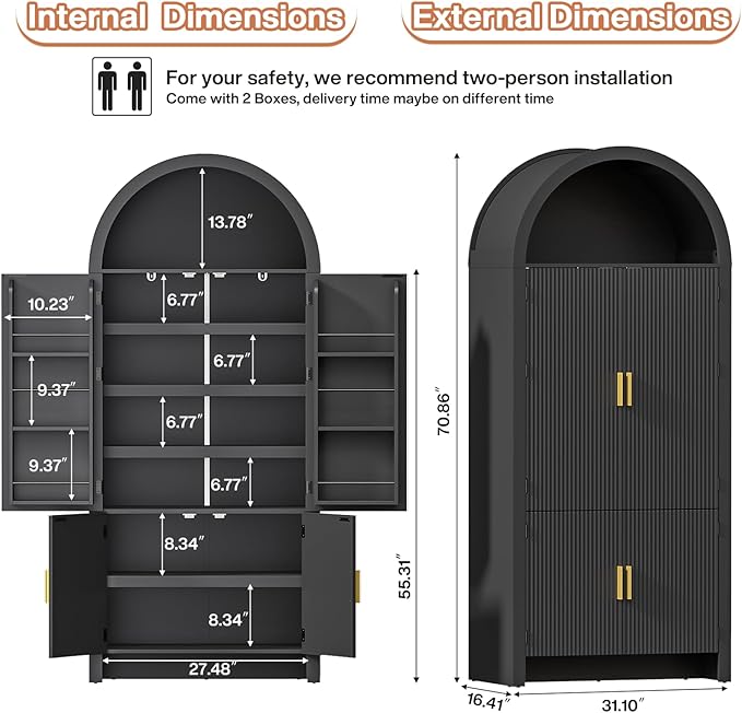 71" Tall Arched Pantry Cabinet, Arched Fluted Kitchen Storage Cabinet with Doors and Adjustable Shelves, Modern Black Cupboard Organizer for Kitchen, Dining Room, Living Room