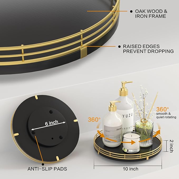 10" Oak Wood Decorative Tray for Home Decor, Tray for Coffee Table Decor Perfume Nightstand Vanity Bathroom Trays for Counter Candle Jewelry Makeup Farmhouse Table Centerpiece for Dining Room Gold